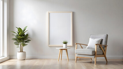 Mockup empty frame on a white background in a room with a modern interior. Nearby there is an armchair and a table with a plant.