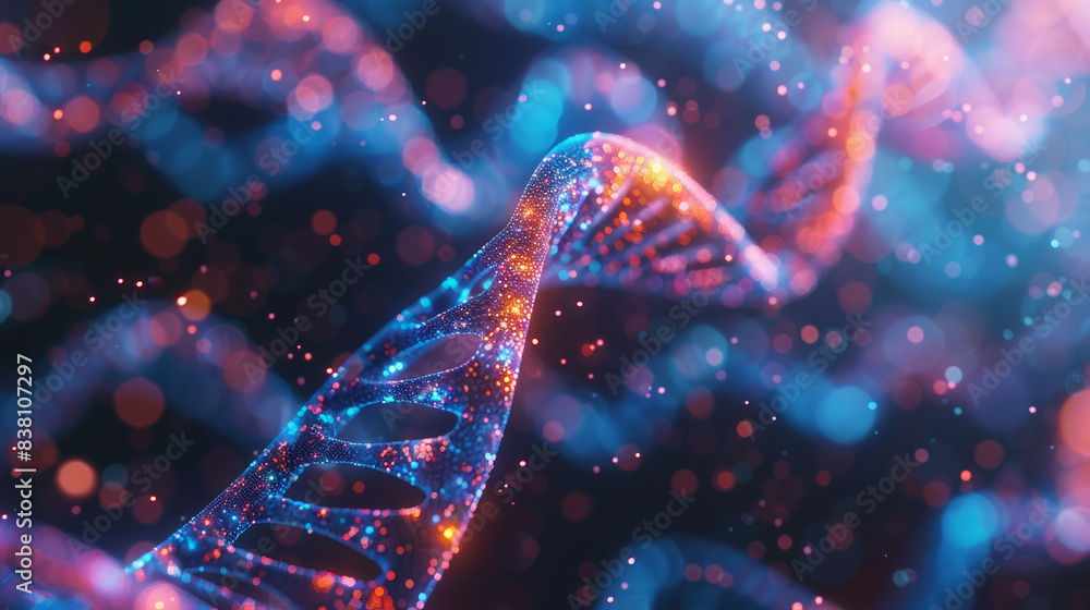 Poster close-up of a glowing dna helix with vibrant colors and intricate patterns, symbolizing biotechnolog