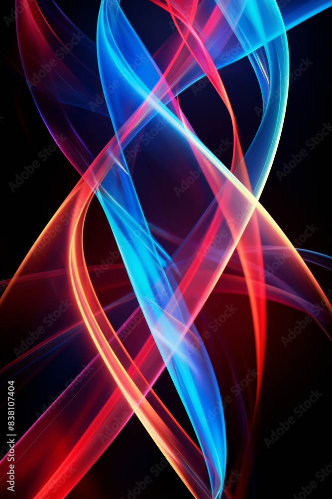 Poster vibrant abstract light trails in blue and red on a black background, creating a dynamic and colorful