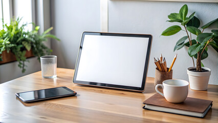 Laptop mockup with blank screen on table with green plant