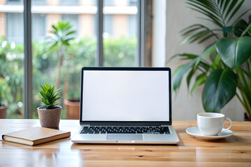 Laptop mockup with blank screen on table with green plant