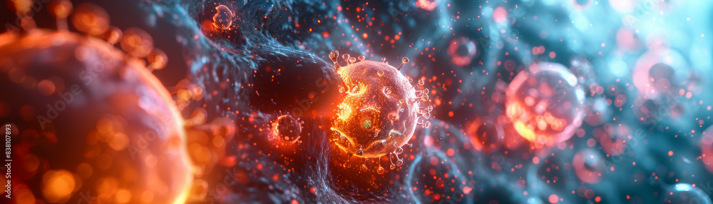 Poster close-up of vibrant, glowing biological cells interacting in a dynamic microscopic environment, show