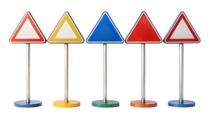a collection triangular traffic signs mounted on separate poles with circular bases