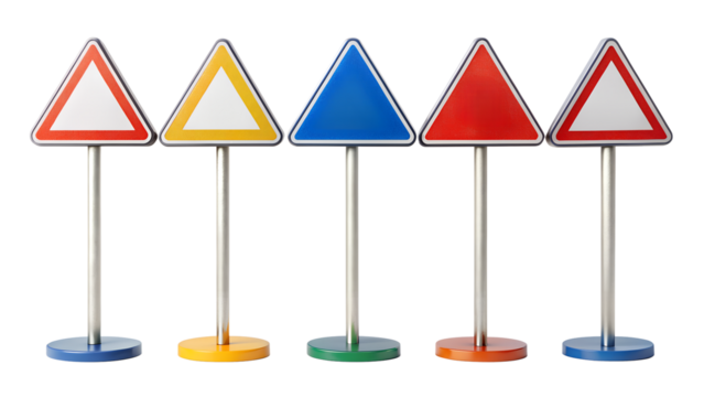 a collection triangular traffic signs mounted on separate poles with circular bases
