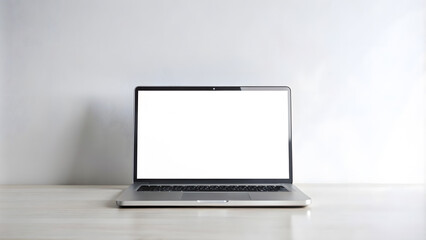 Fototapeta premium Mockup Laptop with blank screen on home office desk. Minimal workspace with blank computer screen mockup on white background