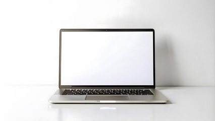 Fototapeta premium Mockup Laptop with blank screen on home office desk. Minimal workspace with blank computer screen mockup on white background