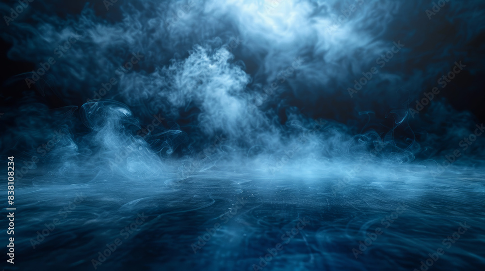 Poster abstract dark blue and white smoke or fog in an empty space, creating a mysterious and ethereal atmo