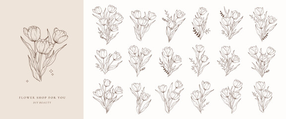 Set of tulip flower bouquets line art isolated. Spring floral tulips black logo wreath sketch plant. Vector illustration botanical stem, floral bloom