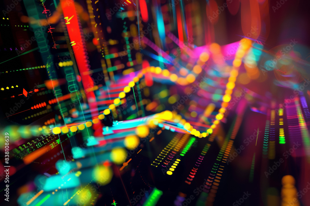 Poster abstract digital data visualization with colorful light trails and statistical graphs, perfect for t
