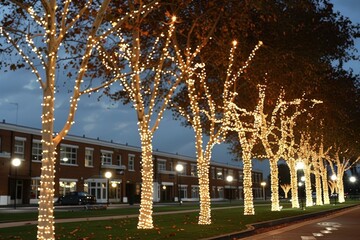 Twinkling Lights Adorn Trees on a Residential Street at Dusk