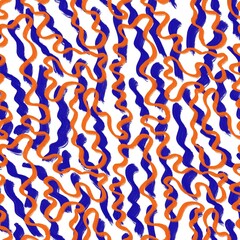 Seamless abstract geometric pattern. Simple background with blue, orange, white texture. Digital brush strokes, lines. Design for textile fabrics, wrapping paper, background, wallpaper, cover.