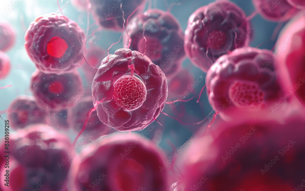 Poster close-up of red spherical structures with intricate patterns, floating in a vibrant, dreamy backgrou