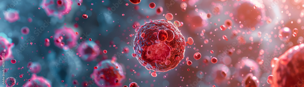 Aufkleber microscopic view of red and pink cells with a blue background, showcasing cellular structure and int