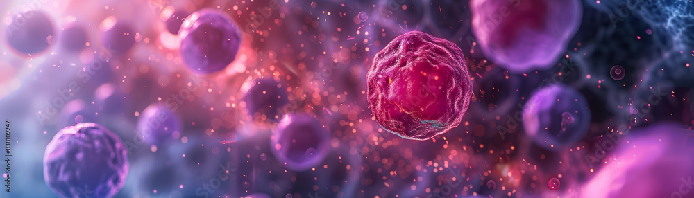 Poster microscopic view of cells in a colorful, vivid environment, highlighting cellular structure and scie
