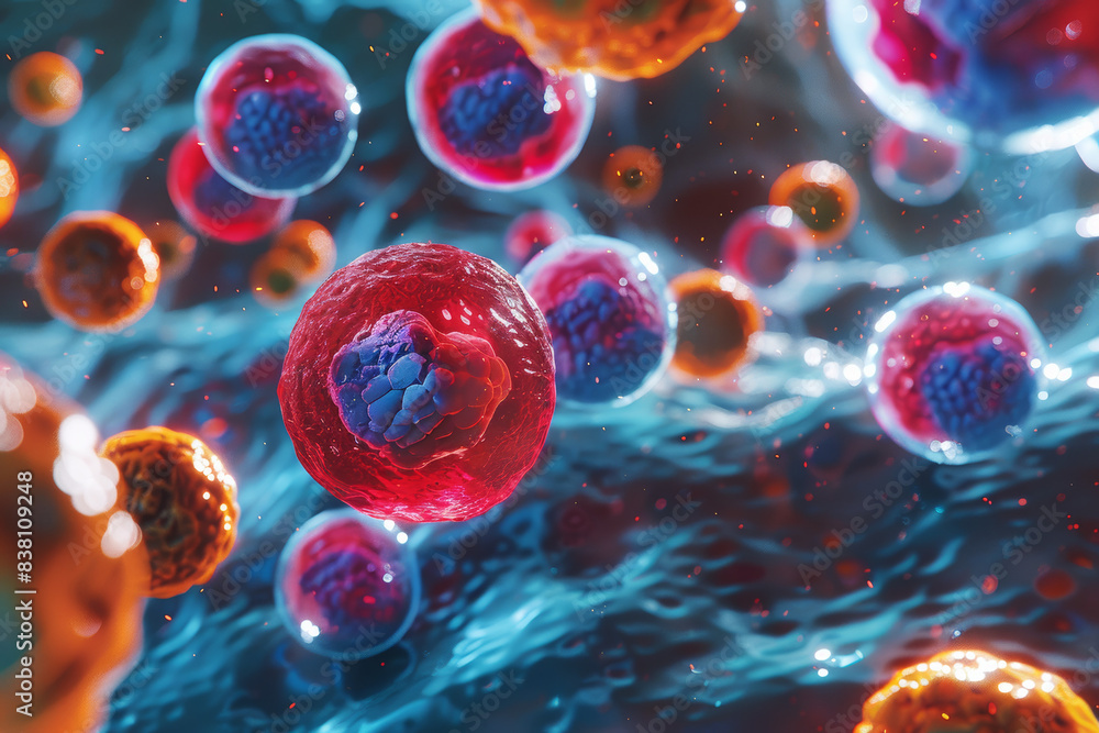 Poster vibrant microscopic view of cells in a fluid environment, showcasing cellular structure and biologic
