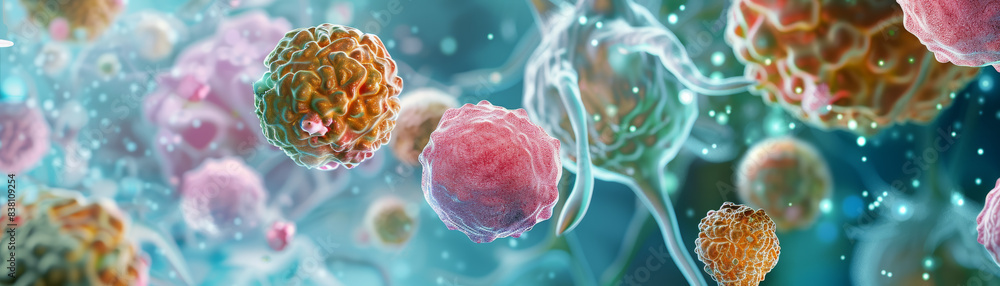 Poster close-up of microscopic cancer cells floating in a fluid environment, highlighting the intricate det