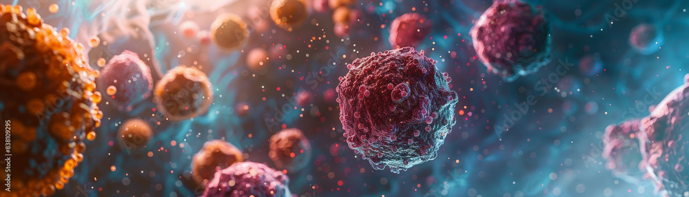 Poster close-up view of microscopic cells in a vibrant, colorful environment, showcasing the intricate deta