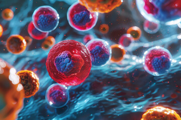 Naklejka premium Vibrant microscopic view of cells in a fluid environment, showcasing cellular structure and biological activity, perfect for science-related content.