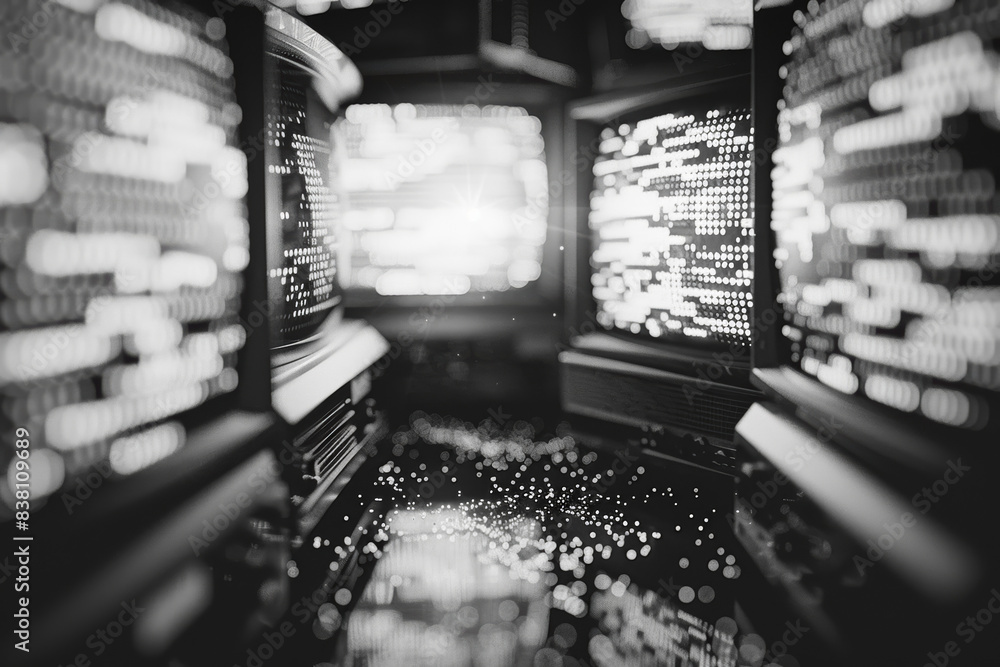 Poster abstract black and white image showcasing digital code on screens, representing technology and data 