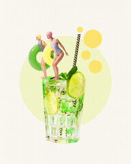 Two women in retros swimsuits, with floating rings standing on mojito cocktail and diving. Contemporary art collage. Concept of summer, vacation, relaxation, travelling. Creative design. Retro style