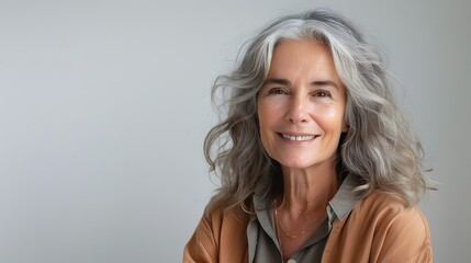 Fototapeta premium A portrait of an elderly woman with gray hair, smiling and looking at the camera against white background, wearing casual .