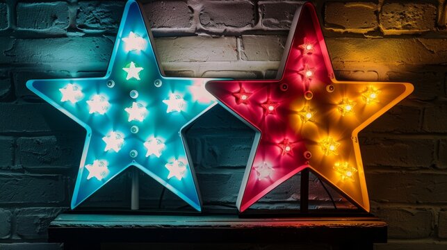 An isolated retro neon marquee star billboard on the wall in a modern format.