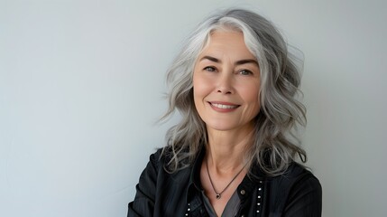 Fototapeta premium A portrait of an elderly woman with gray hair, smiling and looking at the camera against white background, wearing casual .