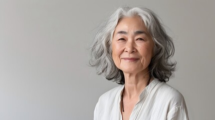 Fototapeta premium A portrait of an elderly woman with gray hair, smiling and looking at the camera against white background, wearing casual .