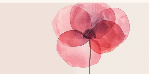 A single pink poppy flower with translucent petals is painted in watercolor on a minimalist white background.
