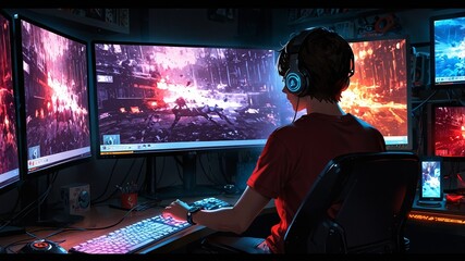 A gaming scene, a retro style gamer with headphones playing video games on multiple screens, manga style, comic style, Asian retro style, anime style, 4K, 16:9