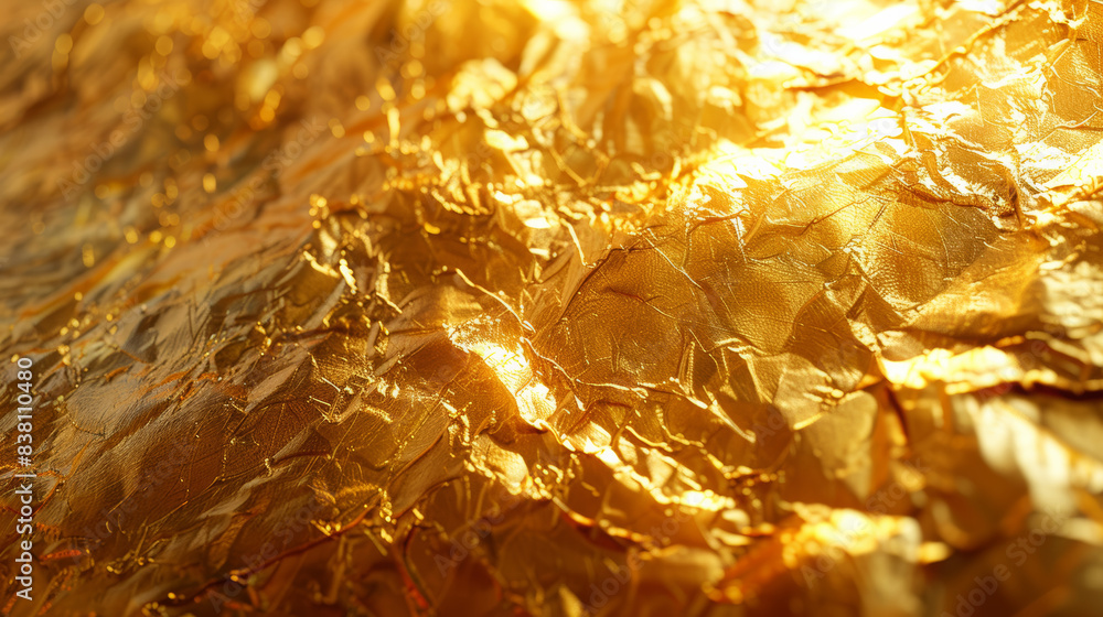 Poster close-up of crumpled, shiny golden foil with intricate texture reflecting soft light, creating a lux