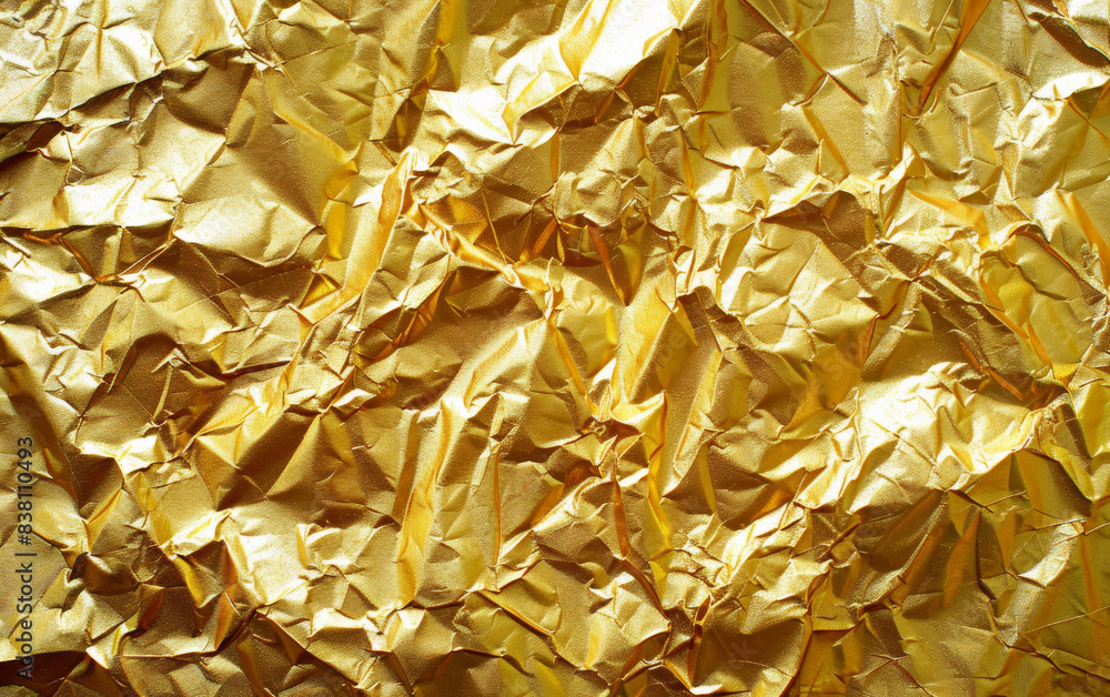 Poster crumpled gold foil texture background. shiny metallic surface with wrinkles creating unique pattern.
