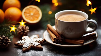 Cozy Winter Scene with Hot Chocolate, Gingerbread Cookie, and Festive Decor