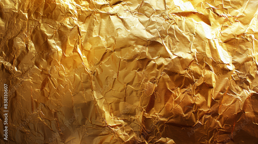 Poster close-up of crumpled golden foil texture with reflective metallic shine, creating a luxurious and ab