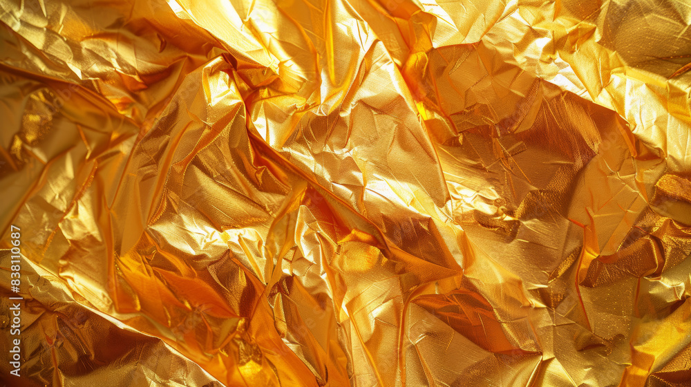 Poster close-up of crumpled gold foil, creating a textured, shiny, and metallic surface with intricate patt