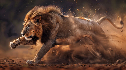 Majestic predator: running lion in the African wilderness.