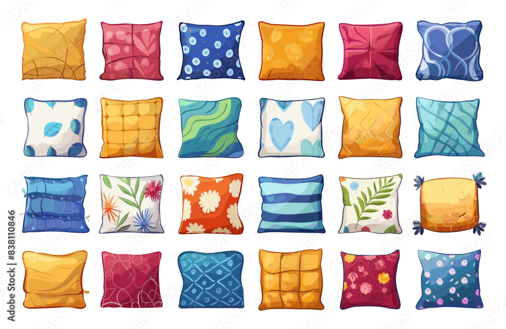 Wall mural cartoon pillows icons set. various cushions, decorative pillow designs, cushion illustrations in sim