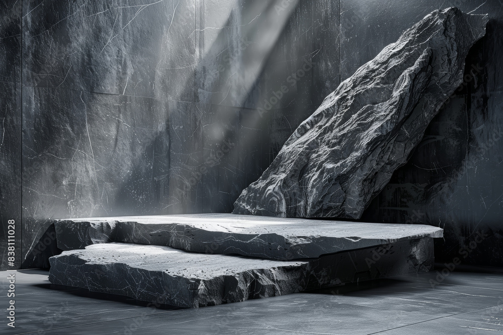 Poster abstract black and white of natural stone structure with dramatic lighting and shadows, creating a m
