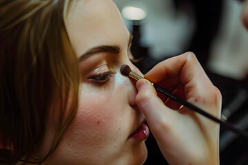 Obraz premium A detailed shot of a person applying highlighter to their cheekbones, capturing the shimmer and glow, emphasizing makeup application