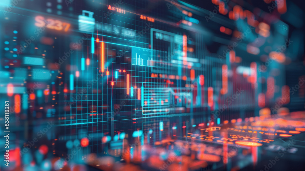 Poster futuristic digital interface with abstract data visualization, graph charts, and glowing technology 