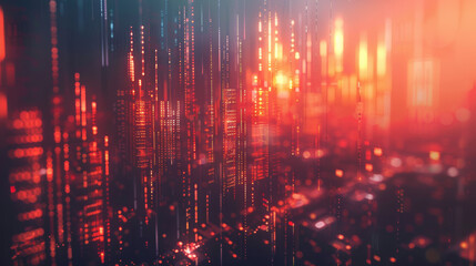 Obraz premium Abstract digital cityscape with glowing red and orange lights, representing futuristic technology, innovation, and data streams.