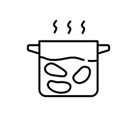 Potatoes are cooked in a saucepan. Vector line icon