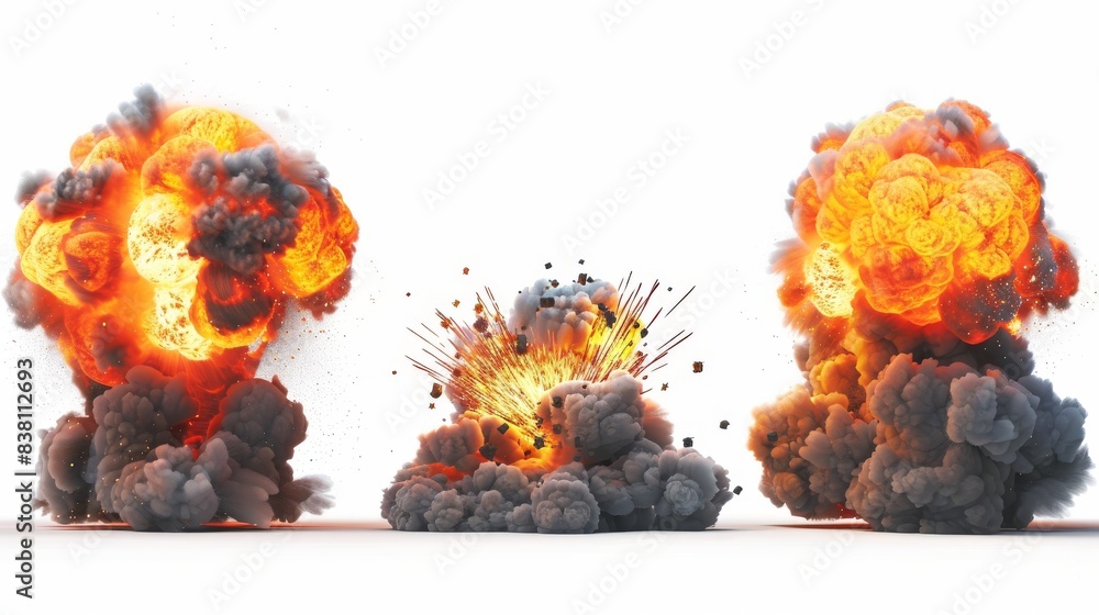 Poster a set of explosions isolated on a transparent background - generative ai