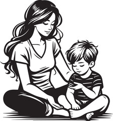 Young Mother Sitting with Her Son Vector Illustration Silhouette.  