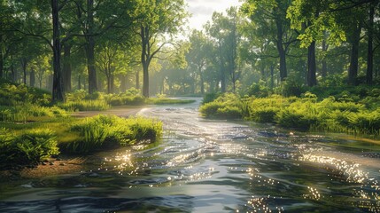 Fototapeta premium Scenic River Landscape: Capture the serene beauty of a river landscape, focusing on the flowing water, surrounding greenery