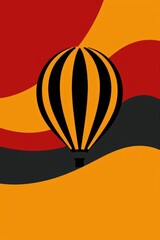 A minimalist illustration of a black and orange hot air balloon rising over a simplified landscape with red and yellow accents.