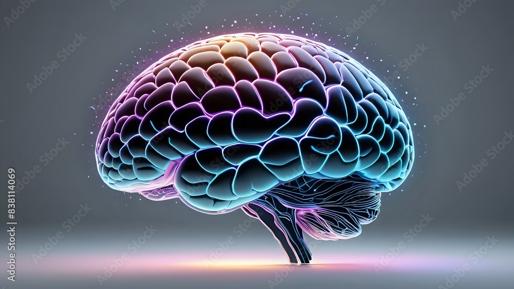 Wall mural 3d rendered illustration of human brain. glowing in purple and blue neon colors.