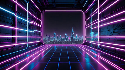 Hallway filled with blue and purple neon lights. Retro futuristic cityscape seen through open front. Cyber punk art style.