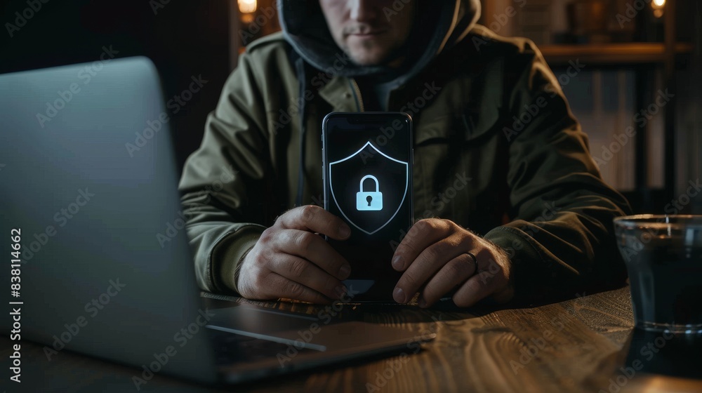 Poster a businessman uses a smartphone with cyber security technology to protect personal data and access t