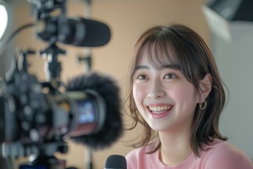 Obraz premium 部屋で動画配信の撮影をする日本人女性（ライブ配信・YouTube・ ユーチューバー・クリエイター）